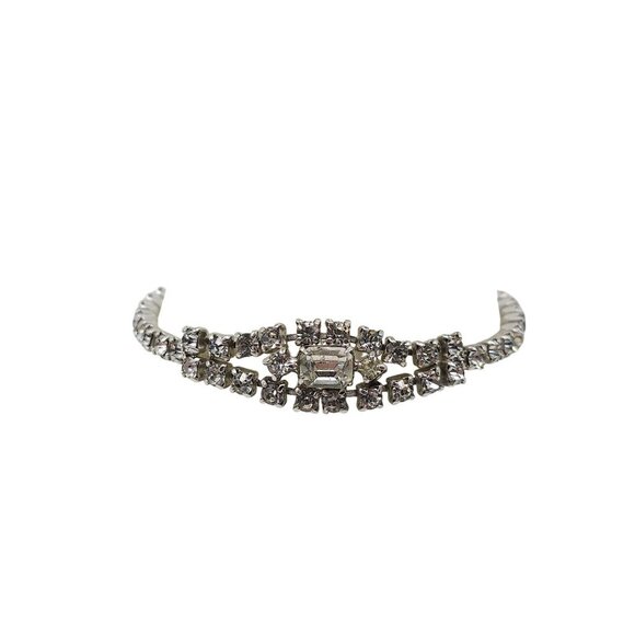 Vintage Silver Tone Clear Rhinestone Bracelet With Elegant Snap Clasp - Picture 1 of 5